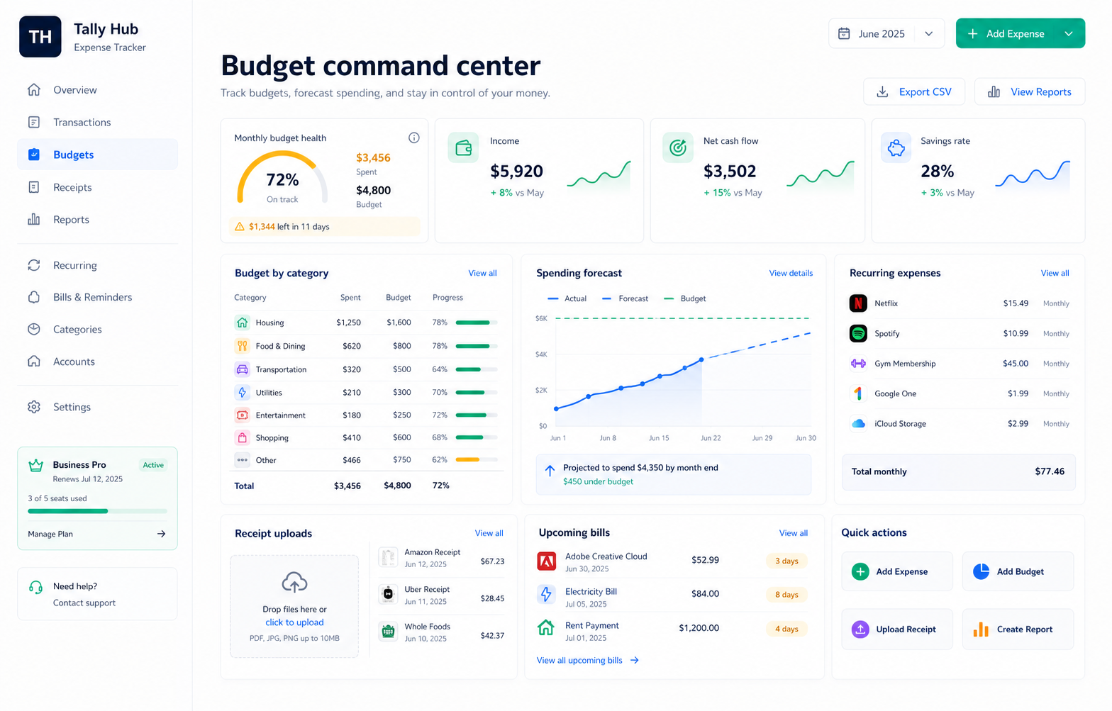 Tally Hub budget and receipt dashboard preview